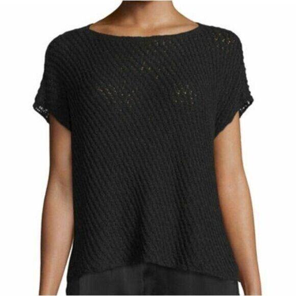 ATM Black Diagnol Stitch Short Sleeve Knit Cotton Blend Pullover Sweater XS - Picture 1 of 6